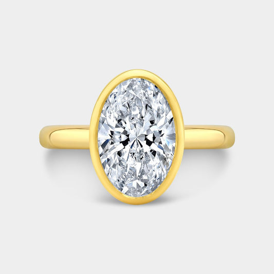 Oval Diamond Bezel Set Tulip Basket Tapered Cathedral Solitaire Yellow Gold Engagement Ring