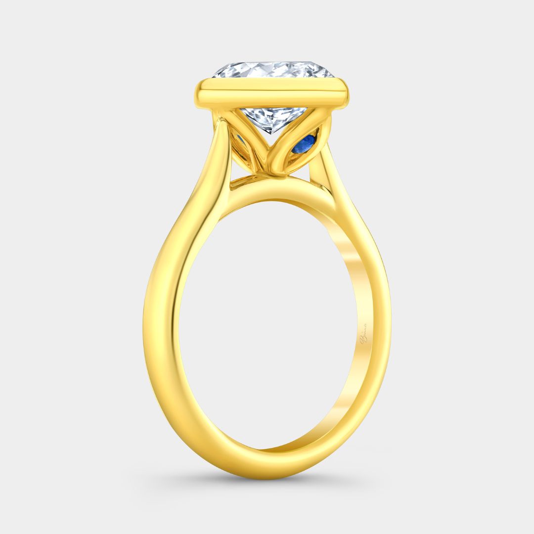 Oval Diamond Bezel Set Tulip Basket Tapered Cathedral Solitaire Yellow Gold Engagement Ring