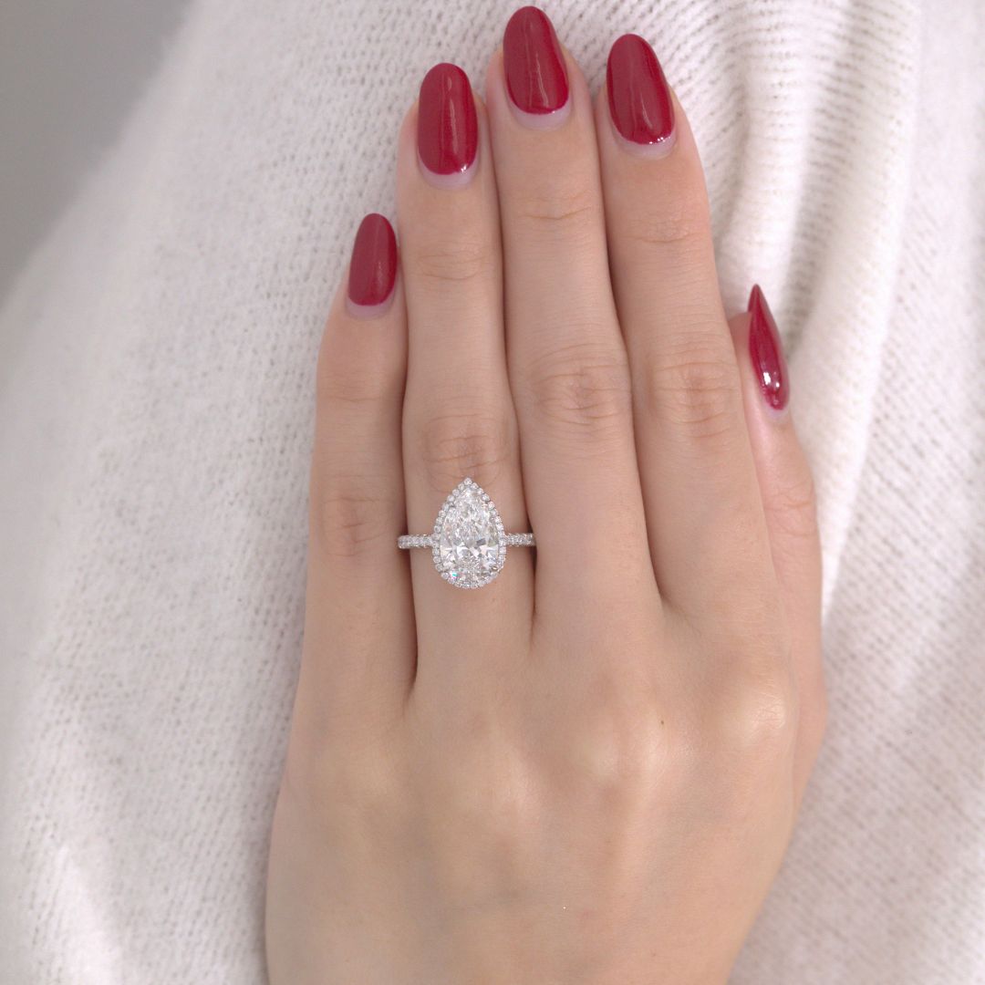 2.55ct Lab Grown Pear Shape Diamond Delicate Halo French Pave Platinum Engagement Ring