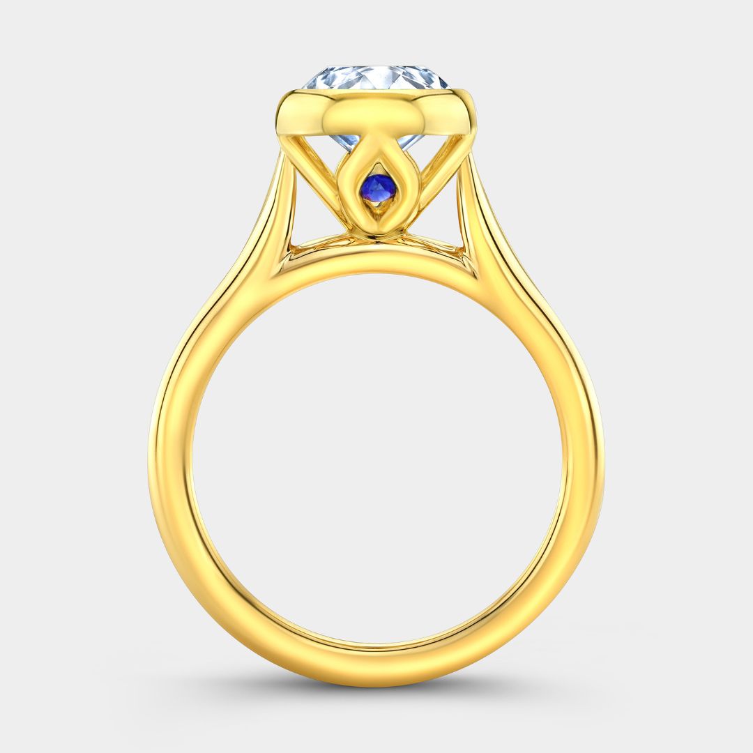 Oval Diamond Bezel Set Tulip Basket Tapered Cathedral Solitaire Yellow Gold Engagement Ring
