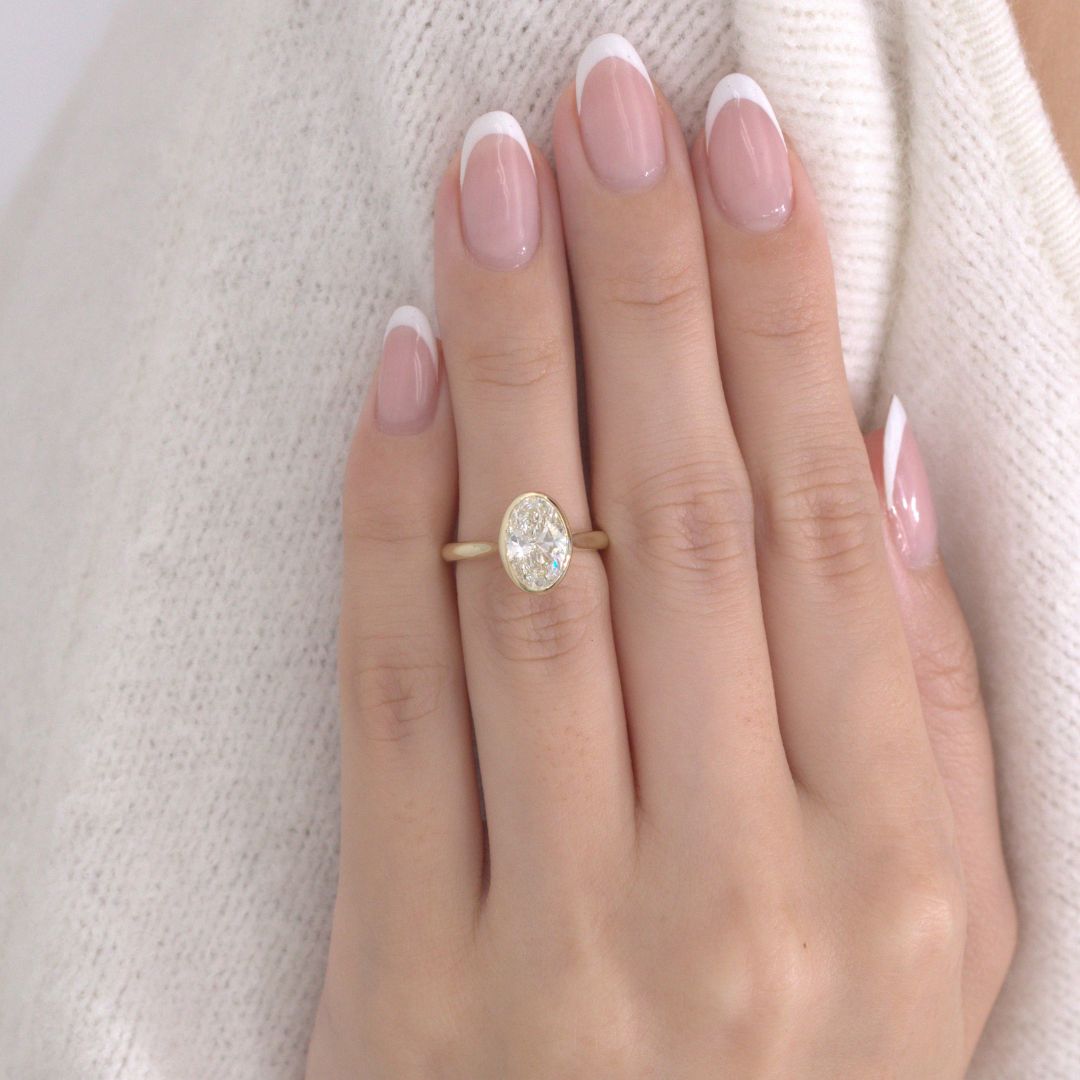 Oval Diamond Bezel Set Tulip Basket Tapered Cathedral Solitaire Yellow Gold Engagement Ring