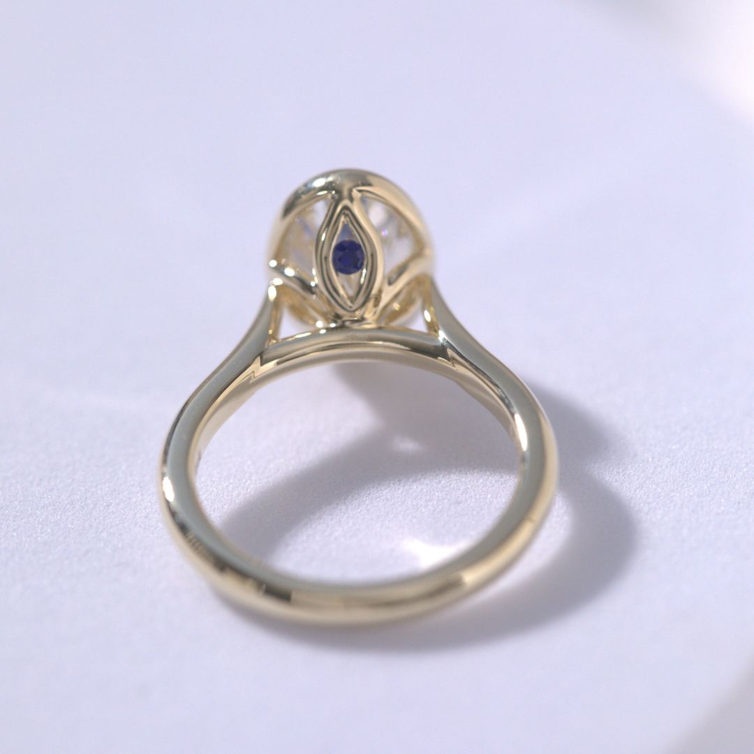 Oval Diamond Bezel Set Tulip Basket Tapered Cathedral Solitaire Yellow Gold Engagement Ring