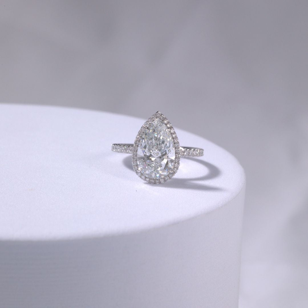 2.55ct Lab Grown Pear Shape Diamond Delicate Halo French Pave Platinum Engagement Ring