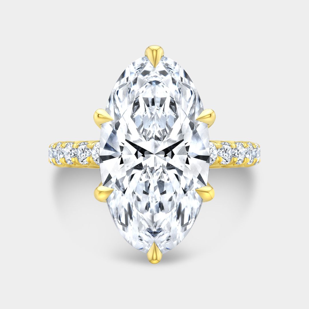 5ct Moval Diamond Tulip 6 Prong Tapered Cathedral French Pave Yellow Gold Engagement Ring