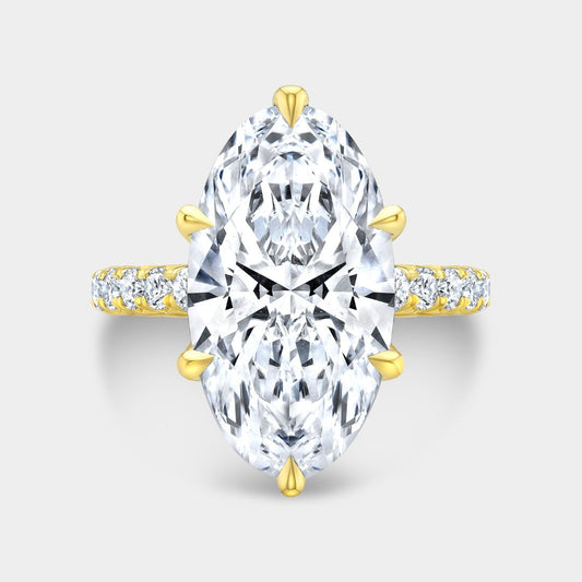 5ct Moval Diamond Tulip 6 Prong Tapered Cathedral French Pave Yellow Gold Engagement Ring