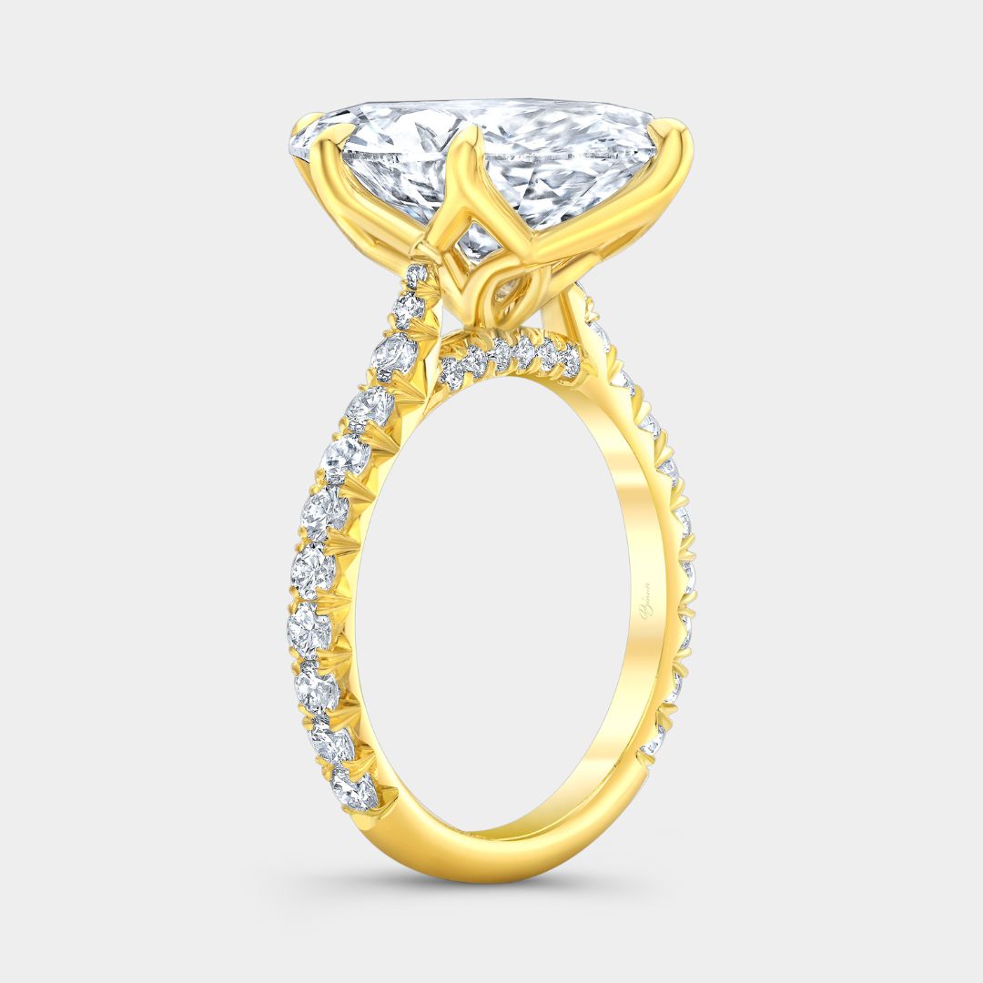 5ct Moval Diamond Tulip 6 Prong Tapered Cathedral French Pave Yellow Gold Engagement Ring