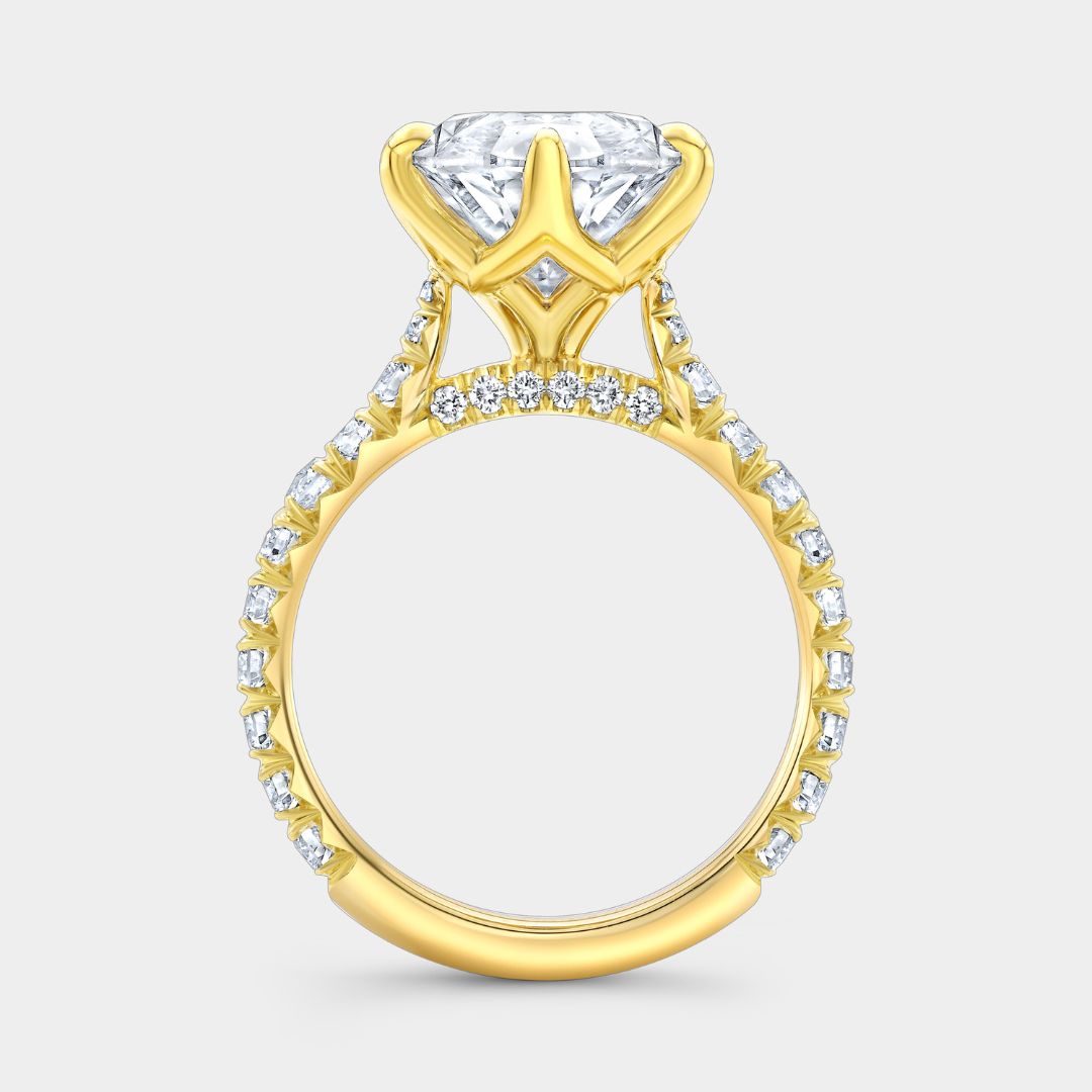 5ct Moval Diamond Tulip 6 Prong Tapered Cathedral French Pave Yellow Gold Engagement Ring