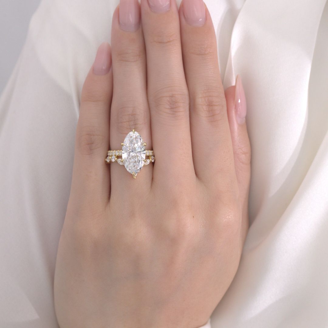 5ct Moval Diamond Tulip 6 Prong Tapered Cathedral French Pave Yellow Gold Engagement Ring