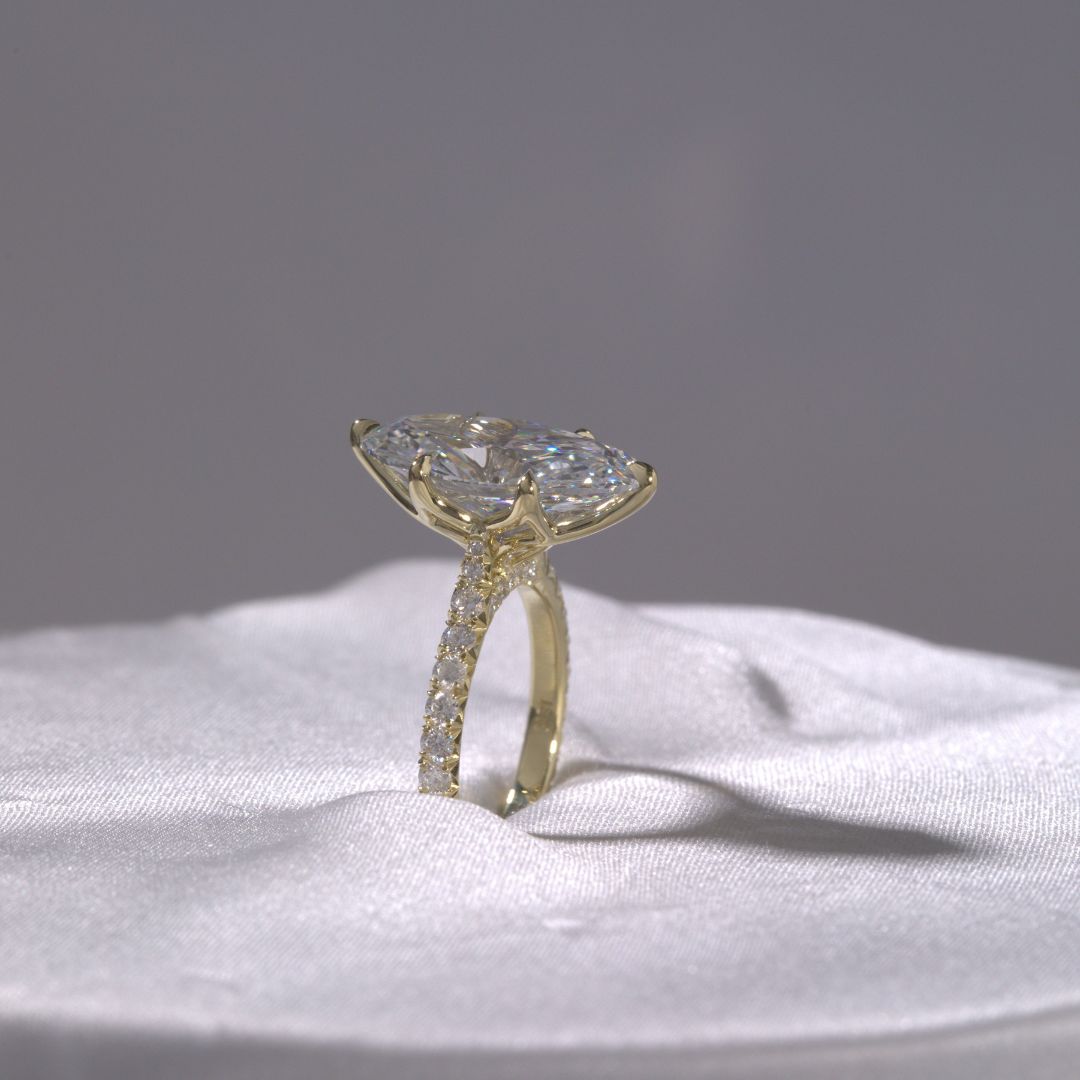 5ct Moval Diamond Tulip 6 Prong Tapered Cathedral French Pave Yellow Gold Engagement Ring