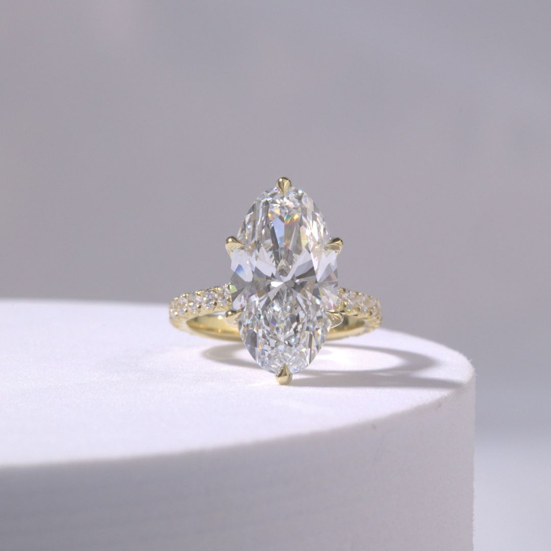 5ct Moval Diamond Tulip 6 Prong Tapered Cathedral French Pave Yellow Gold Engagement Ring