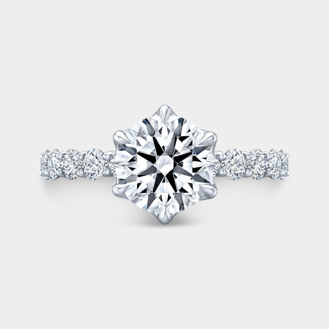 Round Diamond Eloise Tulip Basket with Peekaboo Rubies Trellis Platinum Engagement Ring