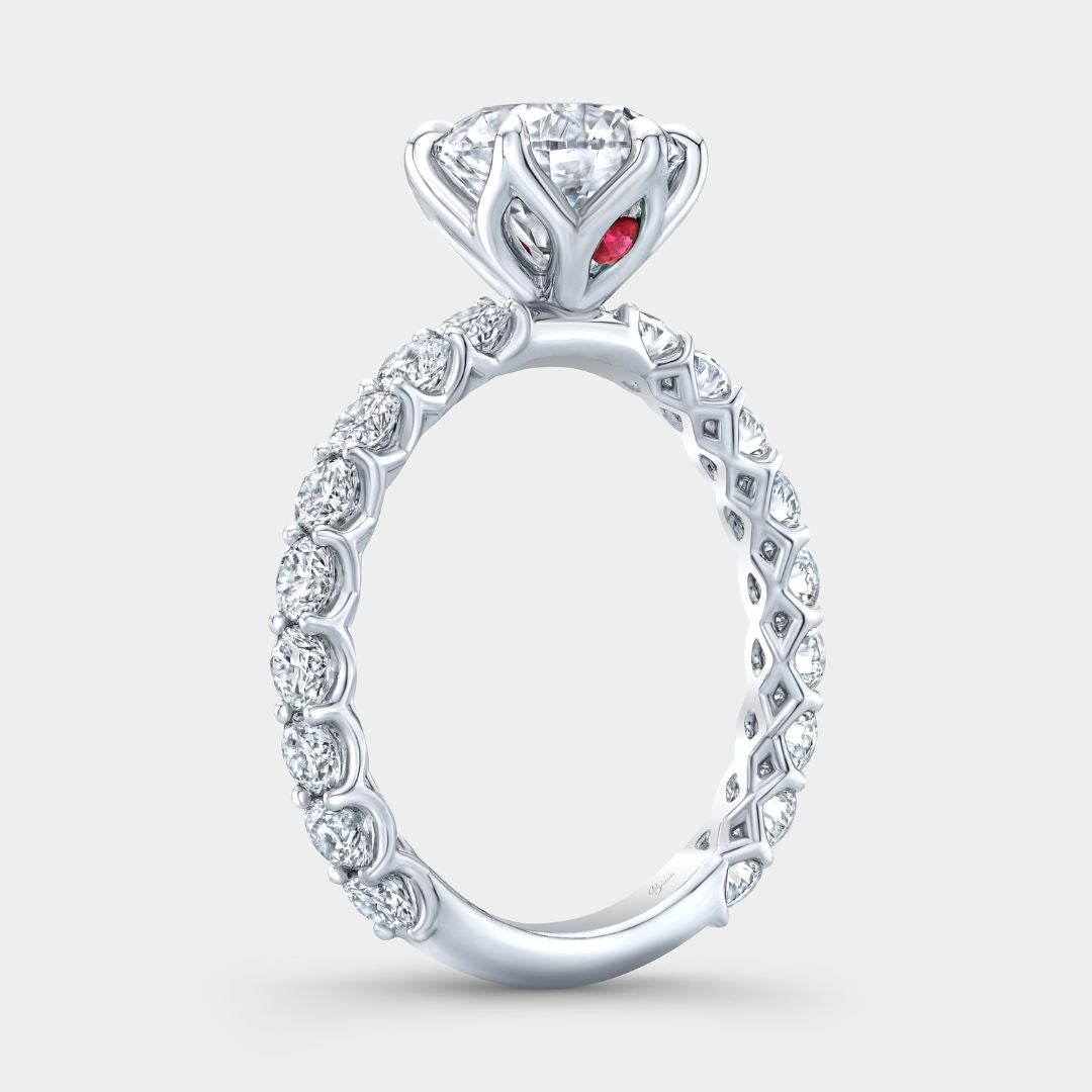 Round Diamond Eloise Tulip Basket with Peekaboo Rubies Trellis Platinum Engagement Ring