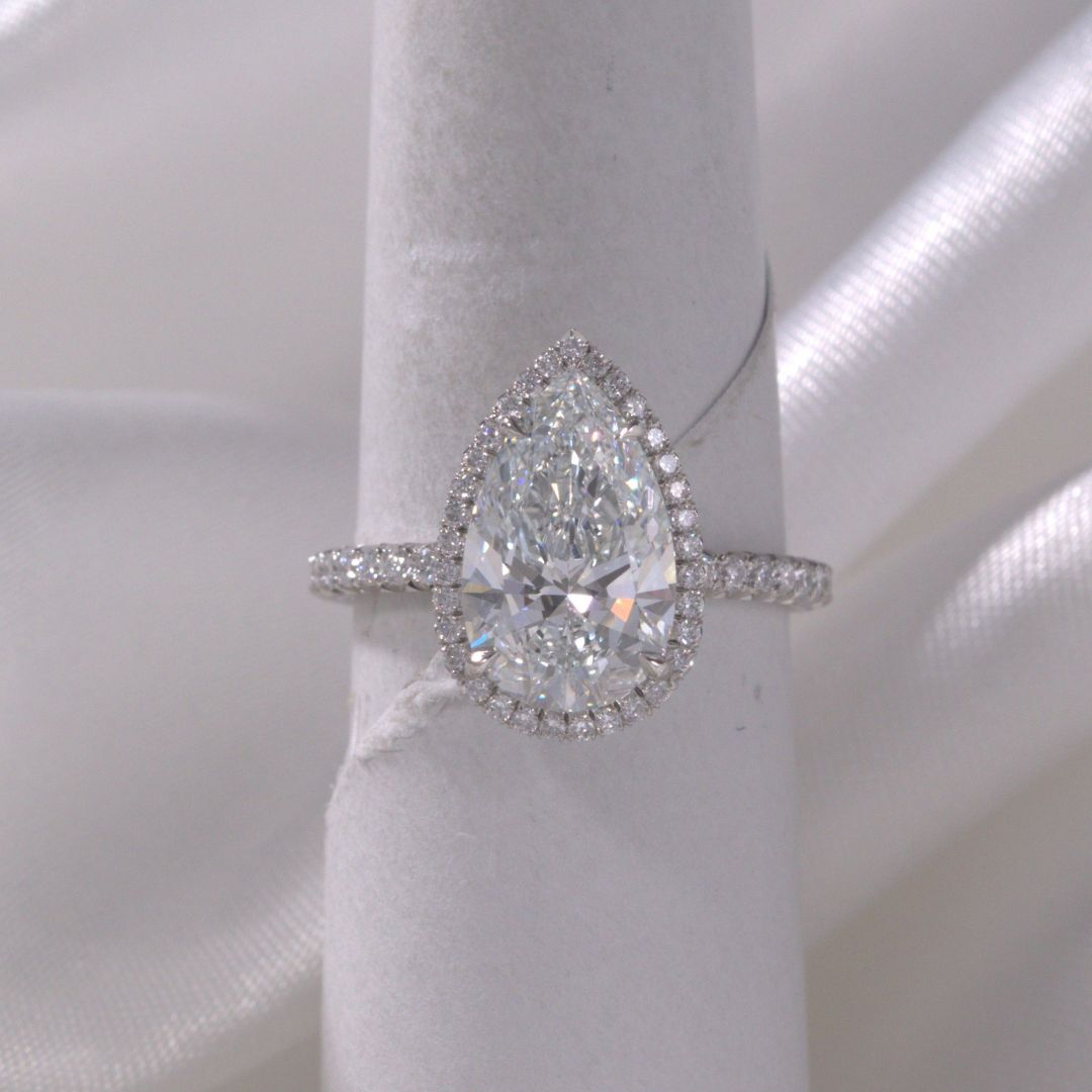 2.55ct Lab Grown Pear Shape Diamond Delicate Halo French Pave Platinum Engagement Ring