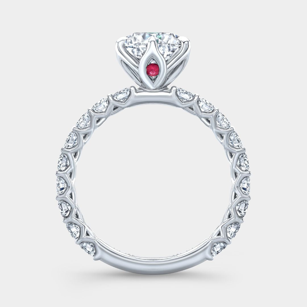 Round Diamond Eloise Tulip Basket with Peekaboo Rubies Trellis Platinum Engagement Ring