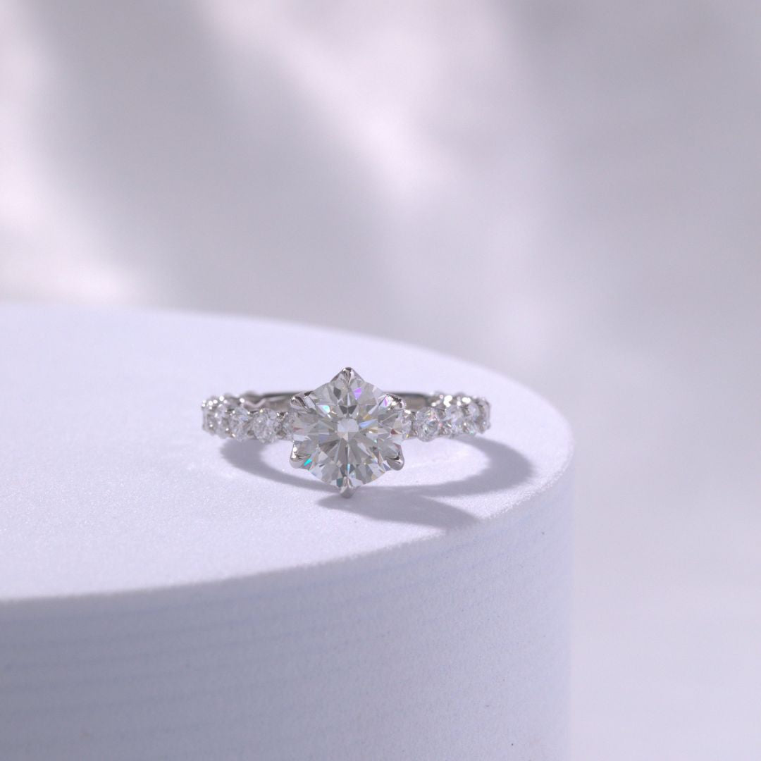 Round Diamond Eloise Tulip Basket with Peekaboo Rubies Trellis Platinum Engagement Ring