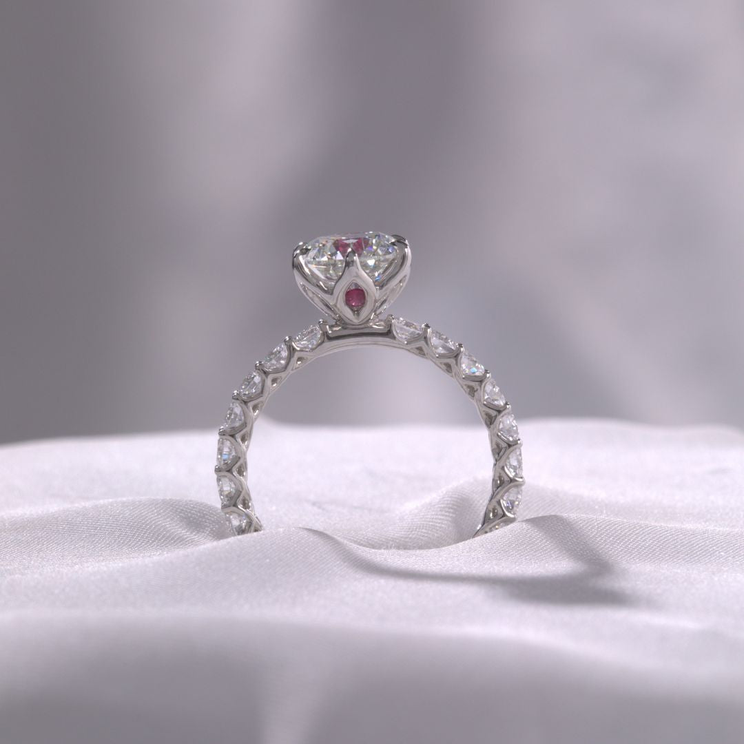 Round Diamond Eloise Tulip Basket with Peekaboo Rubies Trellis Platinum Engagement Ring