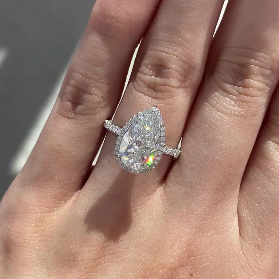 2.55ct Lab Grown Pear Shape Diamond Delicate Halo French Pave Platinum Engagement Ring