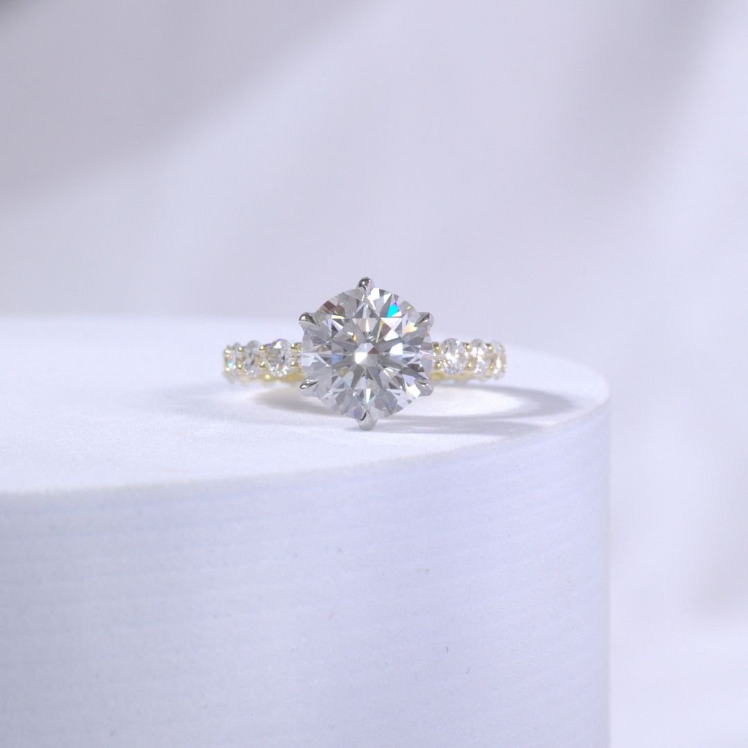 2.85ct Lab Grown Round Diamond Eloise Trellis with Tulip Prongs Yellow Gold And Platinum Engagement Ring