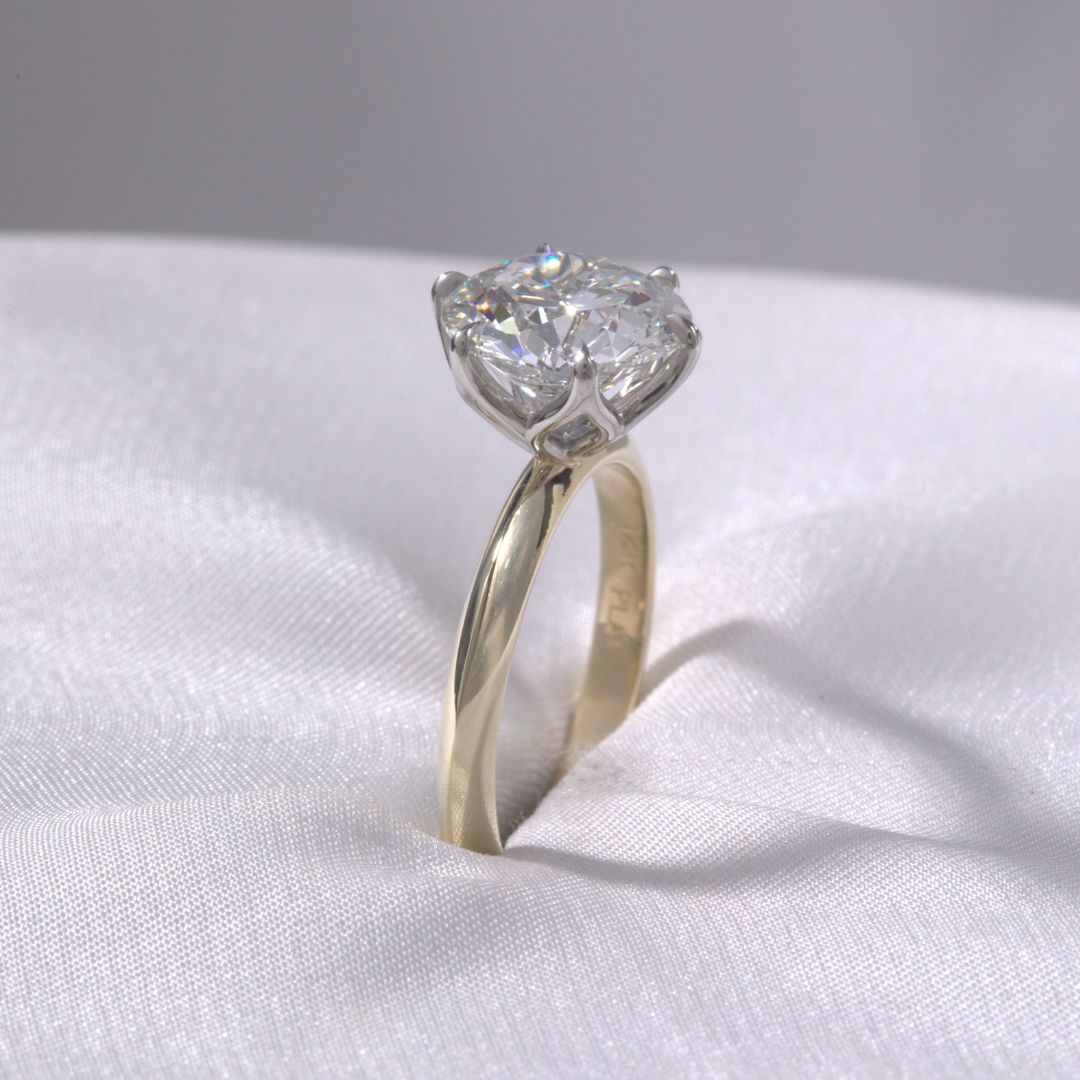 2.85ct Lab Grown Round Diamond Tulip Knife Edge Solitaire Yellow Gold And Platinum Engagement Ring