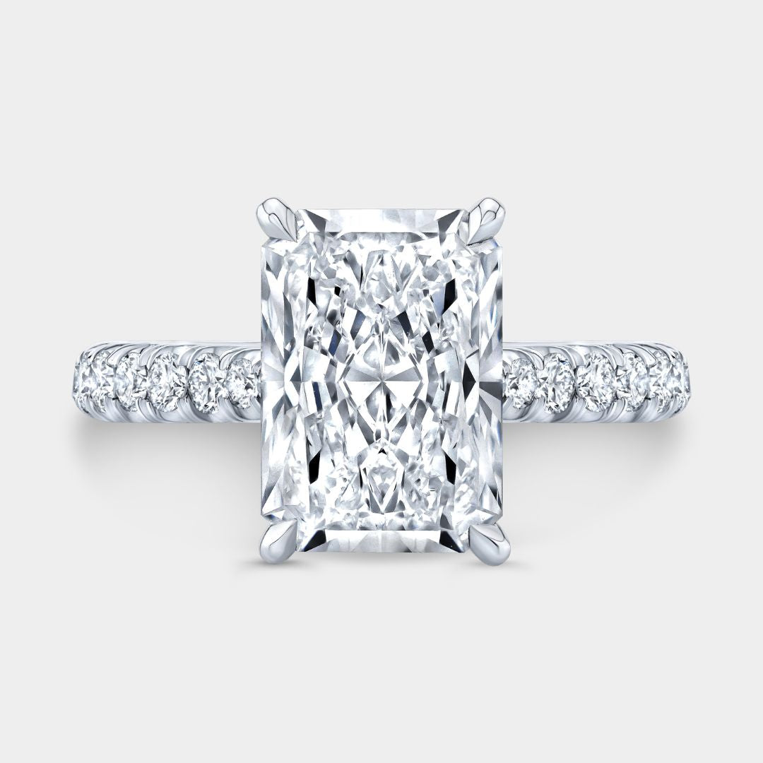 Radiant Diamond Hidden Halo Tapered Cathedral U Pave Platinum Engagement Ring