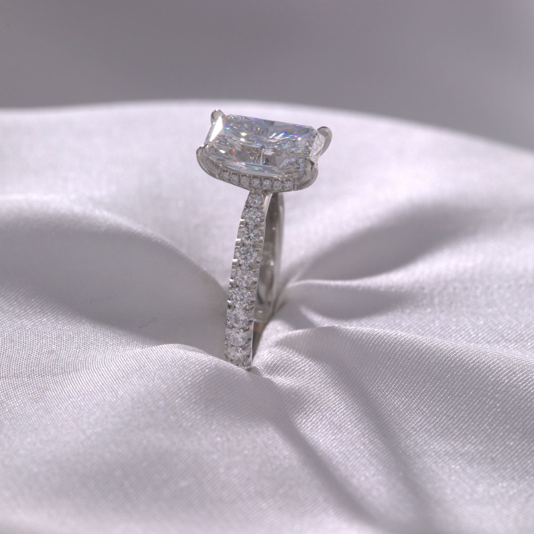 Radiant Diamond Hidden Halo Tapered Cathedral U Pave Platinum Engagement Ring