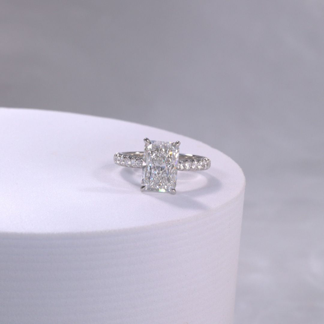 Radiant Diamond Hidden Halo Tapered Cathedral U Pave Platinum Engagement Ring