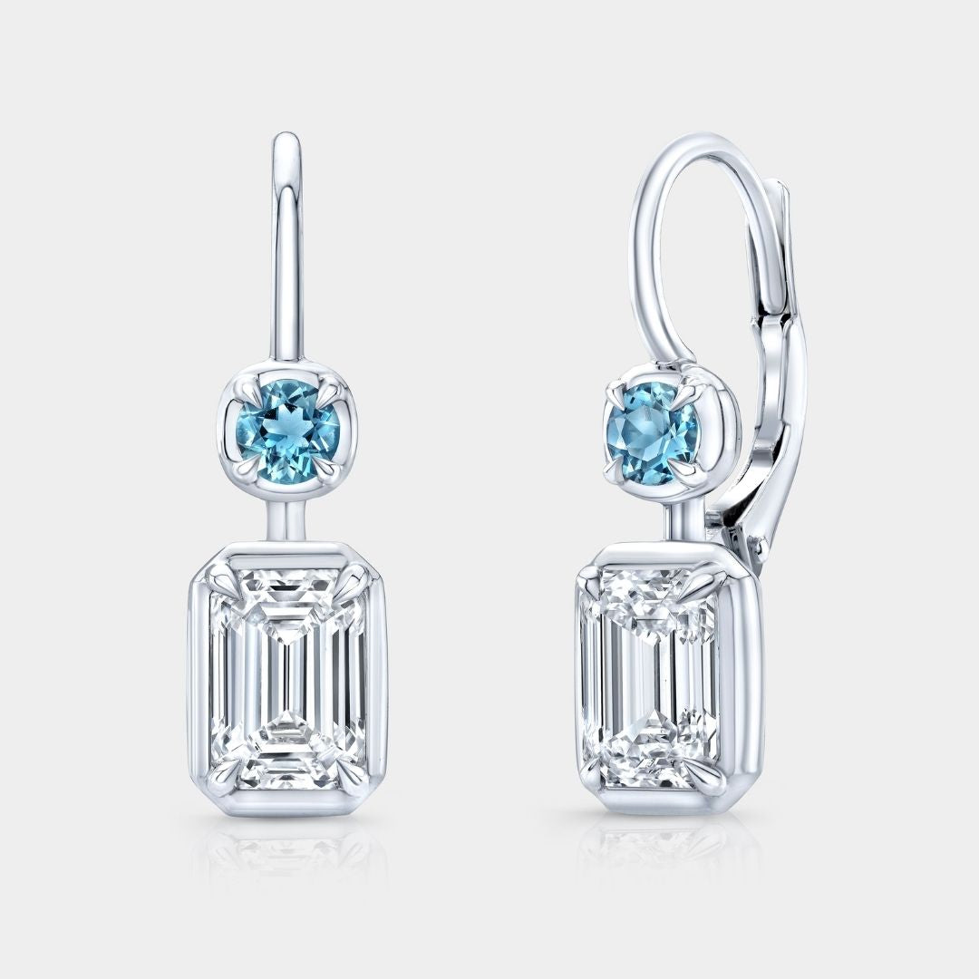 2ct Lab Grown Emerald Diamond & Natural Blue Aquamarine Double Drop Earrings
