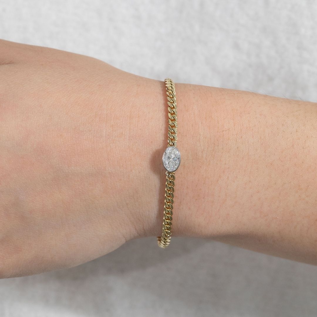 1ct Lab Grown Oval Diamond Bezel Cuban Chain Bracelet Yellow Gold and Platinum