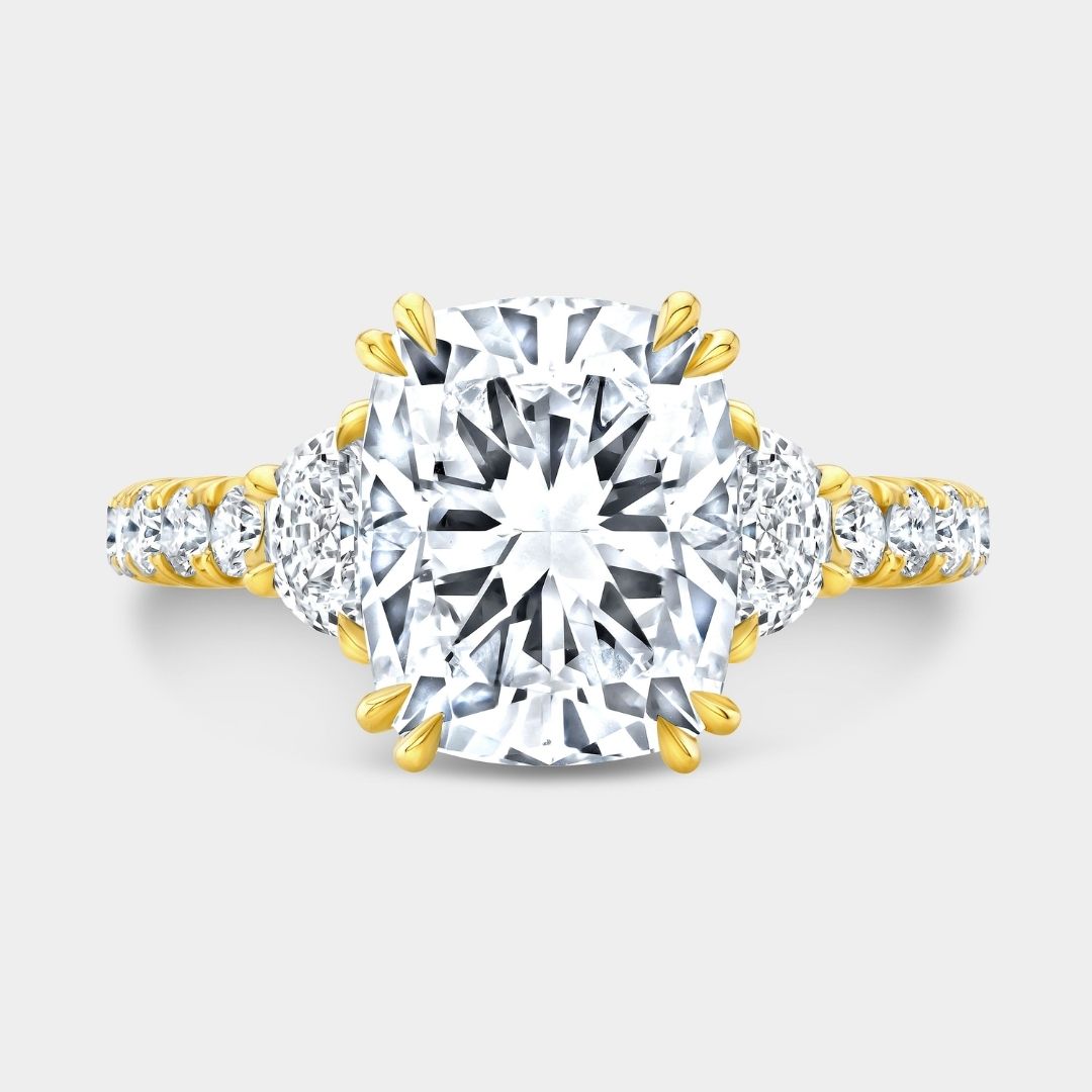Cushion Diamond Hidden Halo U Pave with Half Moon Side Stones Yellow Gold Engagement Ring