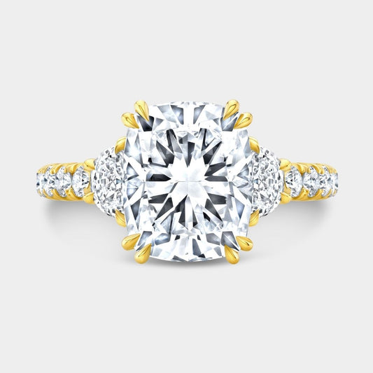 Cushion Diamond Hidden Halo U Pave with Half Moon Side Stones Yellow Gold Engagement Ring