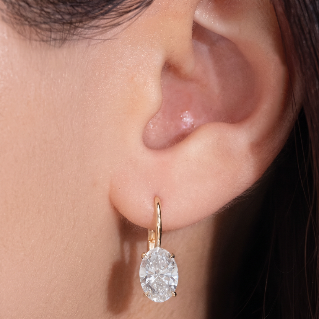 3ct Lab Grown Oval Diamond French Clip Dangle Yellow Gold Drop Earrings