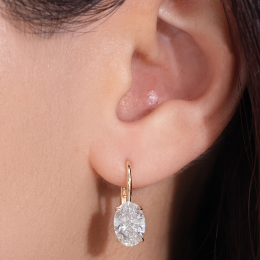 3ct Lab Grown Oval Diamond French Clip Dangle Yellow Gold Drop Earrings
