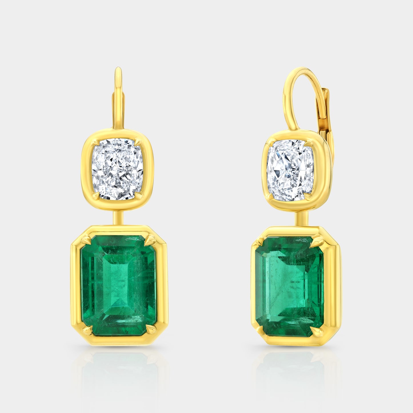 Natural Green Emerald & Natural Cushion Diamond Double Drop Earrings