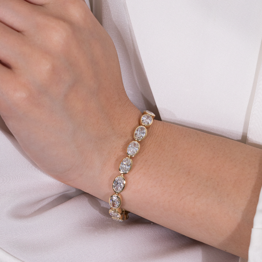 15ct Lab Grown Oval Diamond East West Bezel Yellow Gold Tennis Bracelet