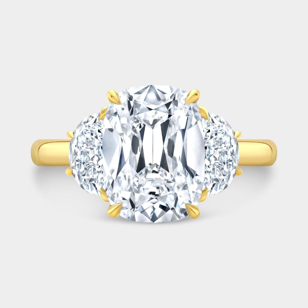 Cushion Diamond Old Mine with Half Moon Side Stones Yellow Gold Engagement Ring