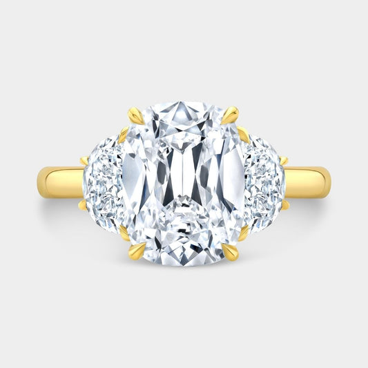 Cushion Diamond Old Mine with Half Moon Side Stones Yellow Gold Engagement Ring