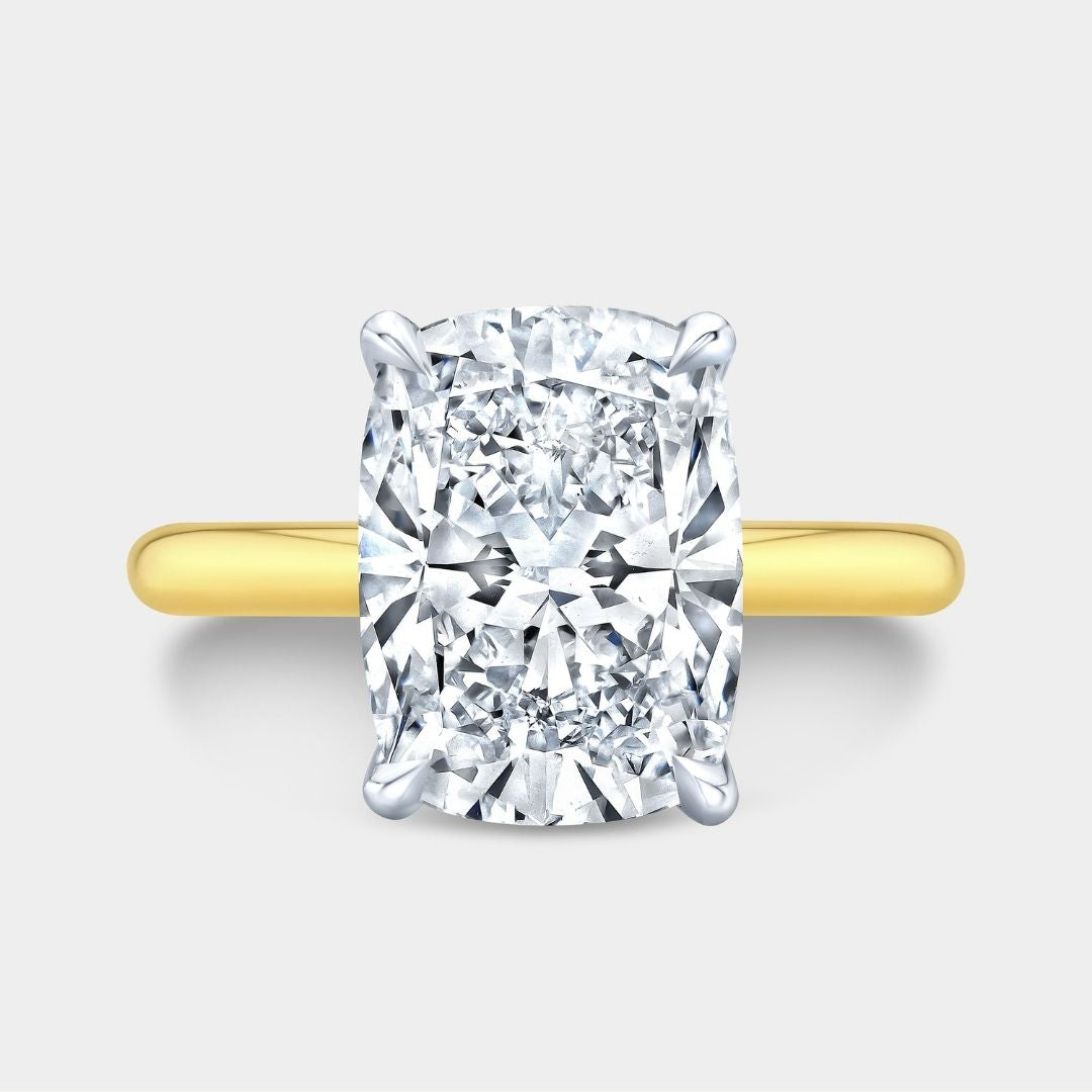 Cushion Diamond Tulip Tapered Cathedral Solitaire Yellow Gold And Platinum Engagement Ring