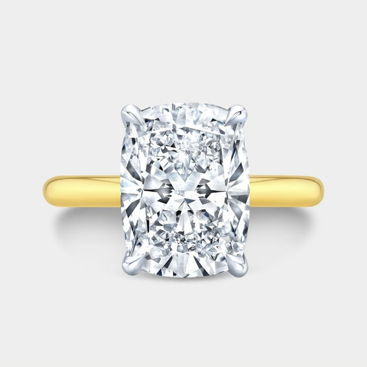 Cushion Diamond Tulip Tapered Cathedral Solitaire Yellow Gold And Platinum Engagement Ring
