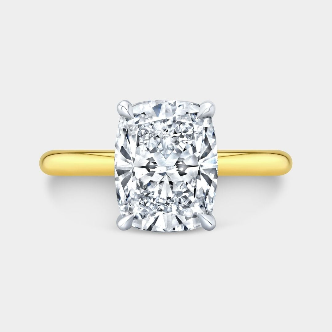 Cushion Diamond Tulip Basket Diamond Bridge Solitaire Yellow Gold And Platinum Engagement Ring