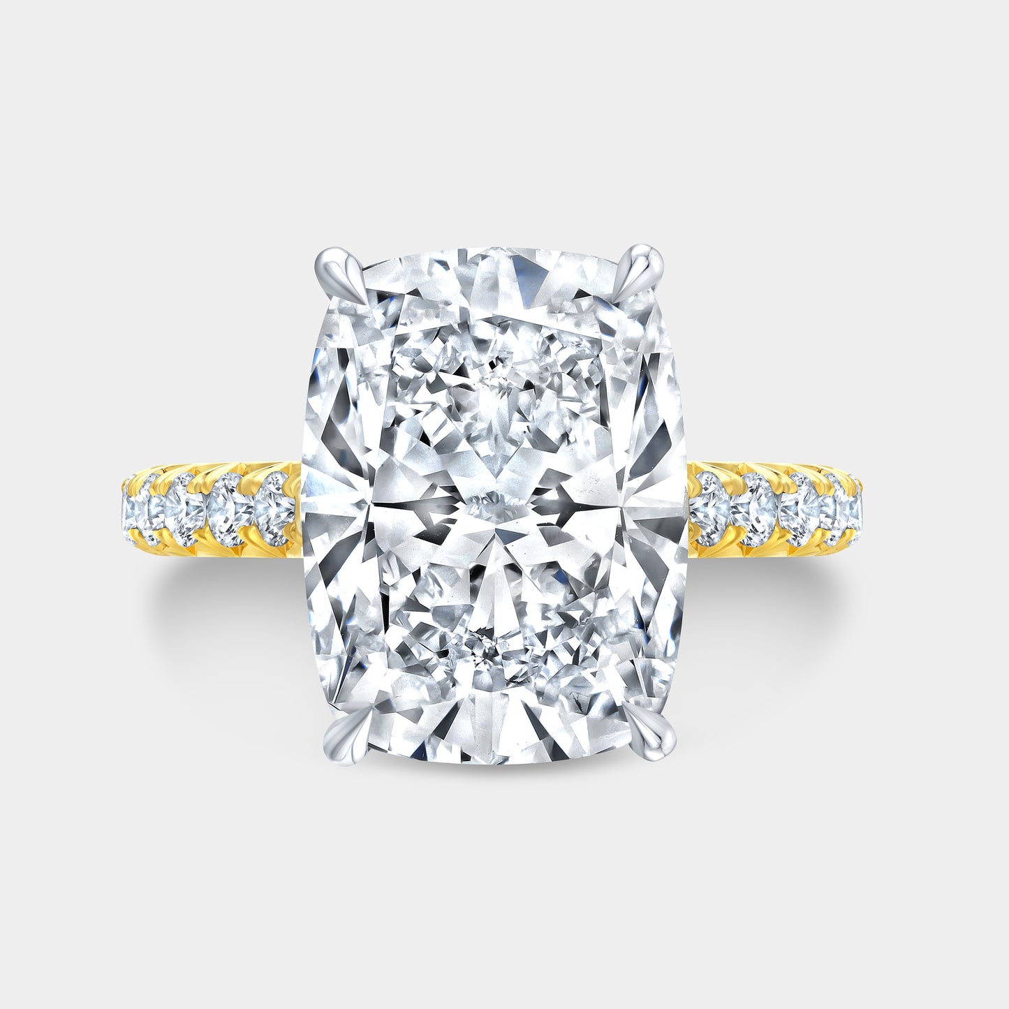 Cushion Diamond Hidden Halo Hidden Purple Amethyst Tapered Cathedral French Pave Yellow Gold And Platinum Engagement Ring