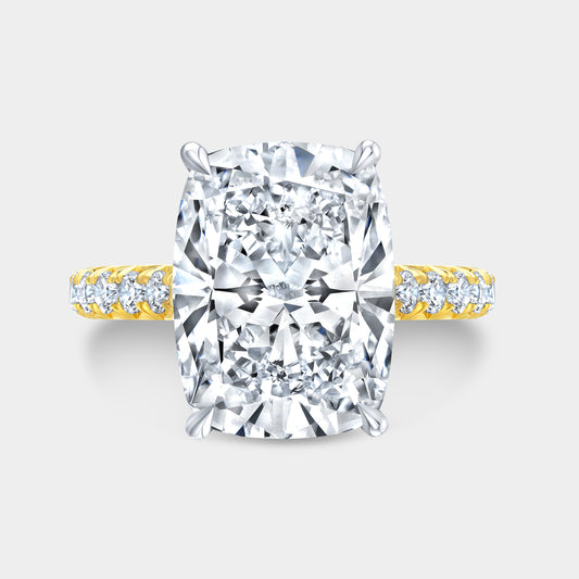 Cushion Diamond Hidden Halo Hidden Purple Amethyst Tapered Cathedral French Pave Yellow Gold And Platinum Engagement Ring