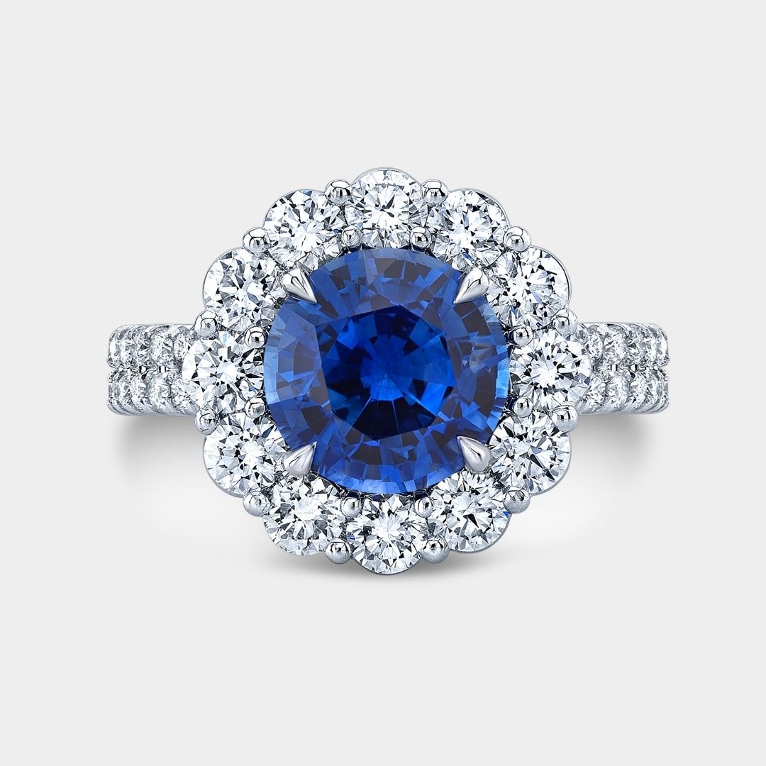 2ct Blue Sapphire Floral Halo Double Row U Pave White Gold Engagement Ring