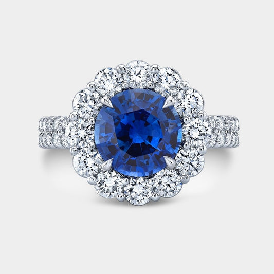 2ct Blue Sapphire Floral Halo Double Row U Pave White Gold Engagement Ring