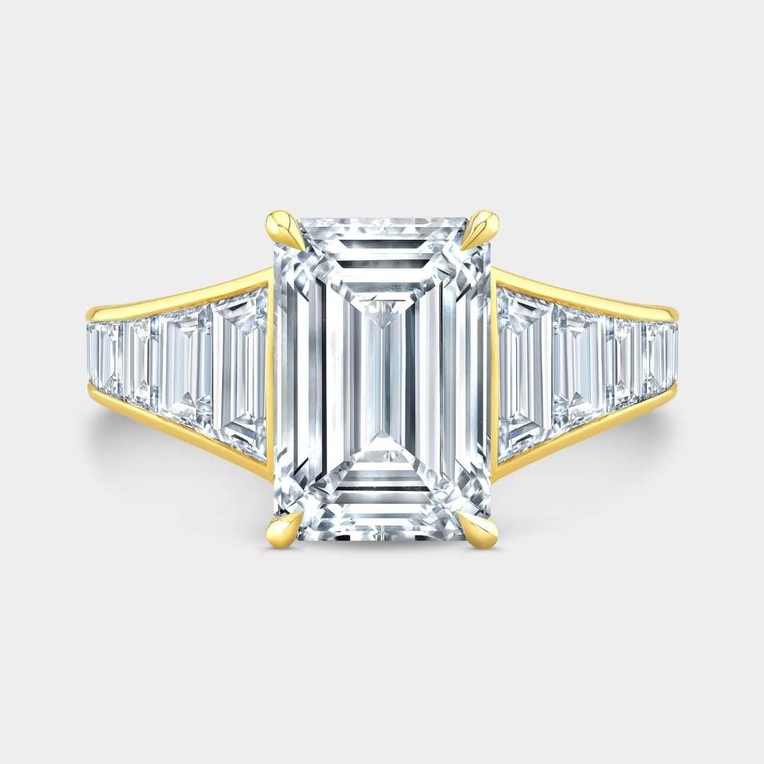Emerald Diamond Channel Set Graduating Baguette Yellow Gold Ring