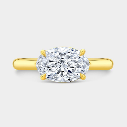 Oval Diamond East West Low Profile Solitaire Yellow Gold Pinky Ring