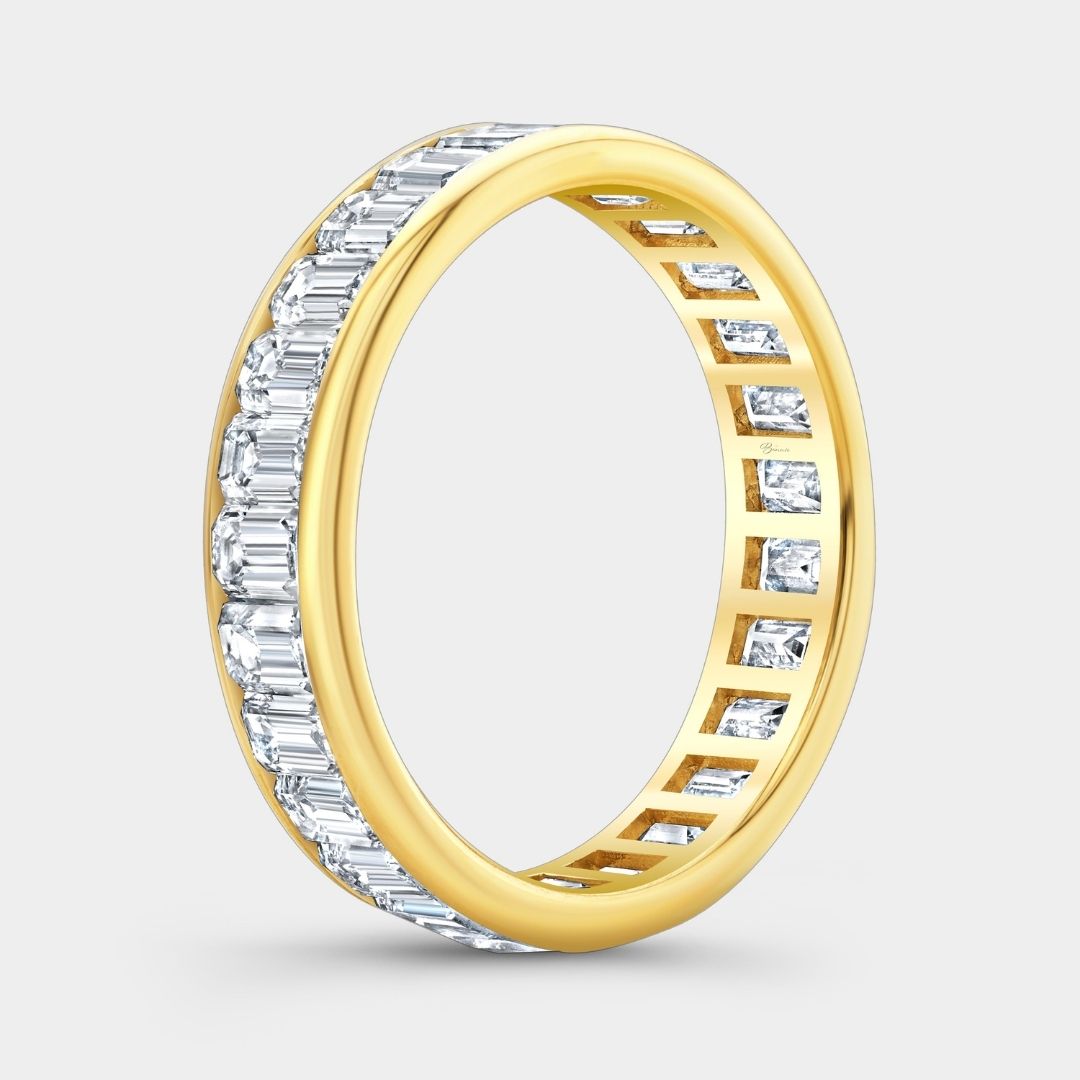 Emerald Diamond Thin Channel Set Eternity Yellow Gold Band