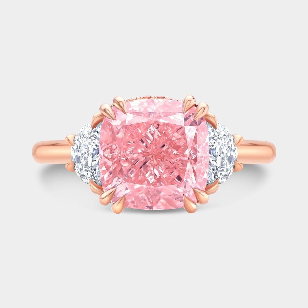 3.50ct Fancy Pink Cushion Diamond Hidden Halo with Half Moon Side Stones Rose Gold Engagement Ring