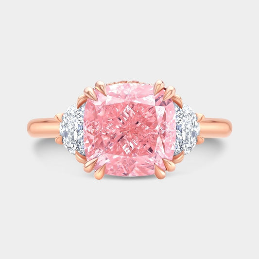 3.50ct Fancy Pink Cushion Diamond Hidden Halo with Half Moon Side Stones Rose Gold Engagement Ring