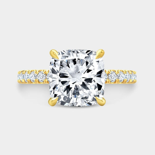 Cushion Diamond Double Hidden Halo U Pave Yellow Gold Engagement Ring