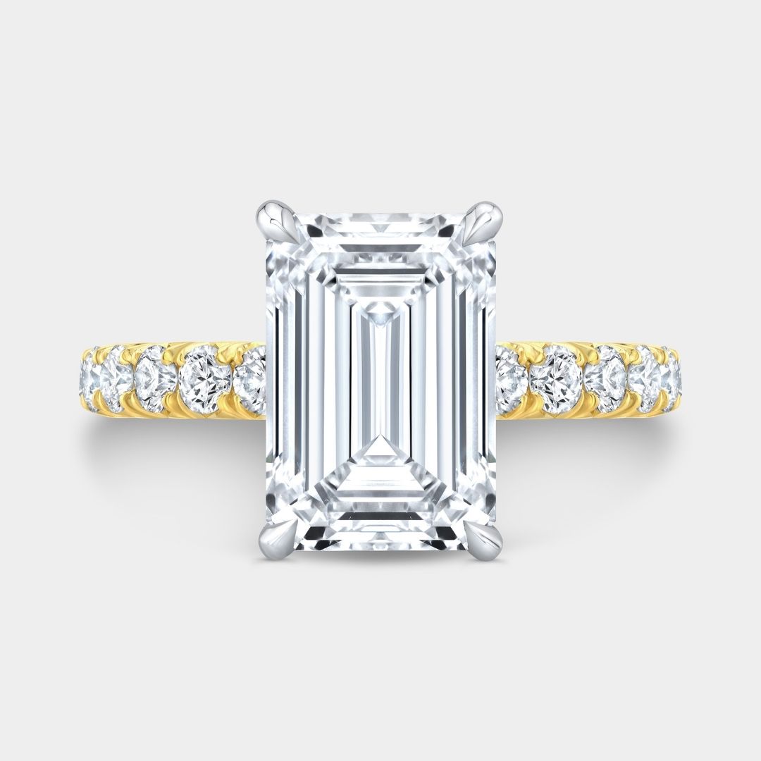 3.06ct Lab Grown Emerald Diamond French Pave Low Profile Yellow Gold And Platinum Engagement Ring